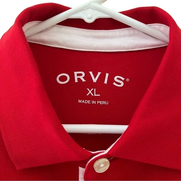 Orvis Men’s XL Red/White Soft Fly Fishing Short Sleeve Polo Shirt Made In Peru - Picture 3 of 5